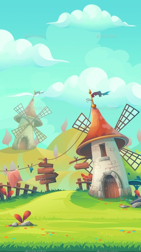 Cartoon Landscape with a Windmill by Nearbirds | GraphicRiver
