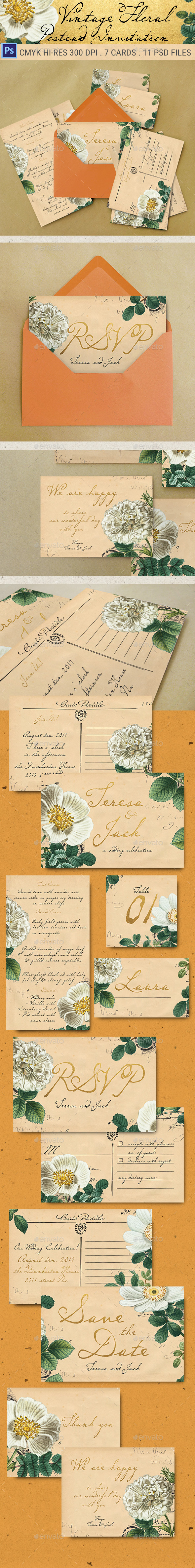 Vintage Floral Postcard Wedding Invitation Package