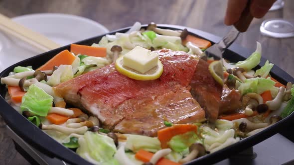 salmon chanchan yaki, stir fried salmon and vegetables seasoned with miso sauce.
