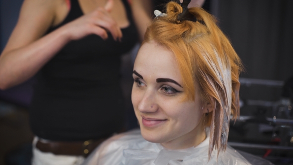 Professional Hair Color Salon. Pretty And Smiling Girl Came To Her Stylist alt
