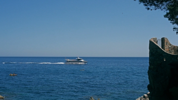 Sea View Landscape From Top Of Island Lloret Del Mar, Spain. Yacht Boat In Sea Landscape alt