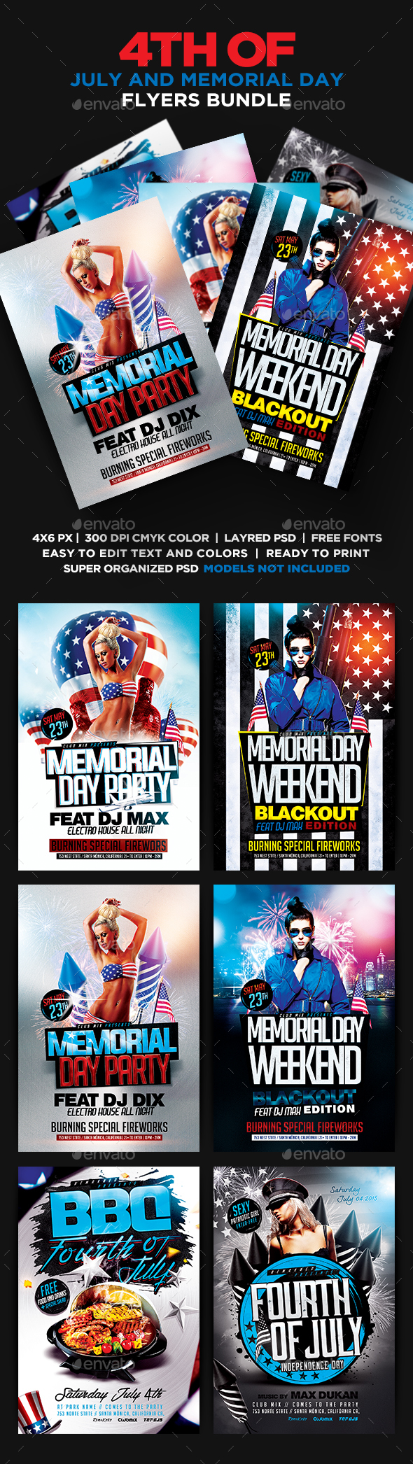 4th Of July and Memorial Day Flyers Bundle PSD - Holidays Events