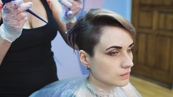 Stylist In a Beauty Studio Does Hair Dye. She Decided To Cardinally Change Its Image alt