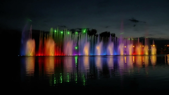 Colorful Bright Fountain With Beautiful Reflection