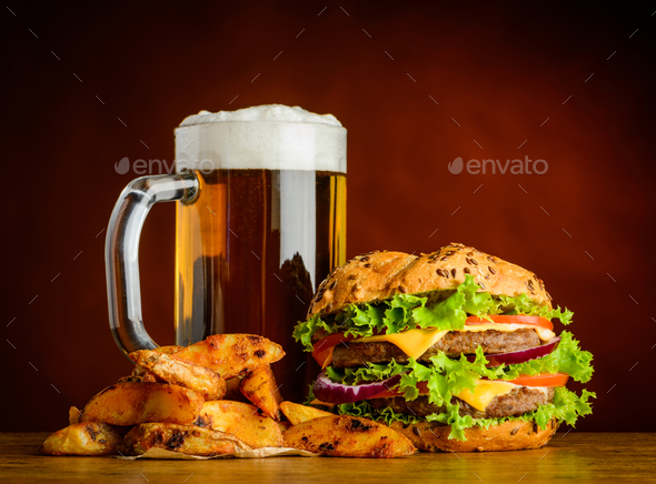Cold Beer with Burger and Fried Potatoes