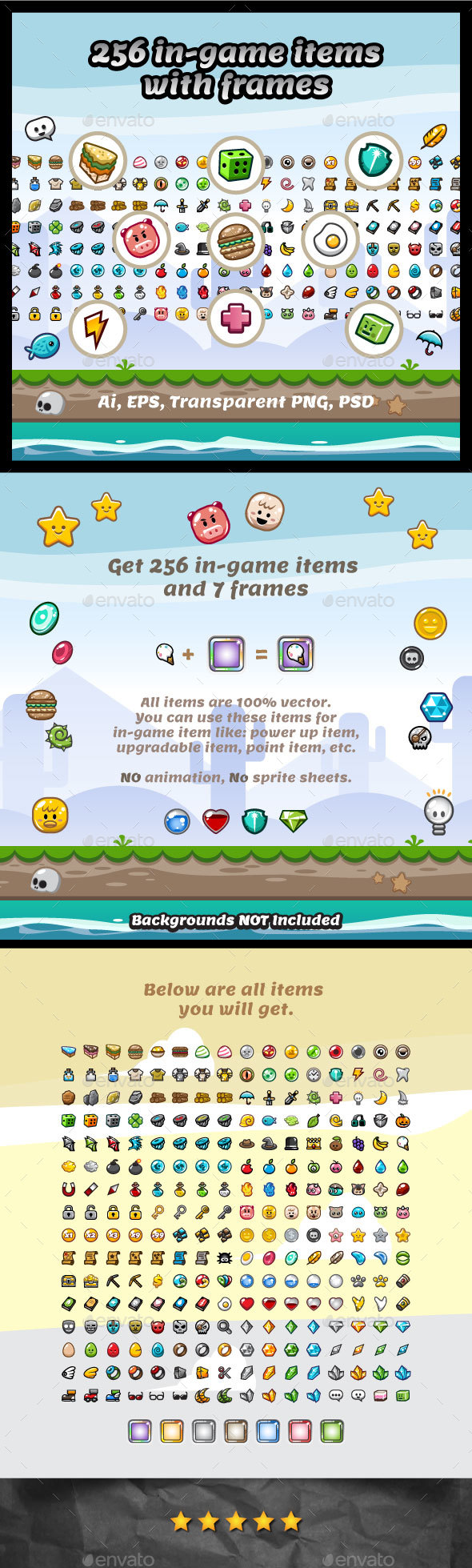 256 Vector Game Items - User Interfaces Game Assets