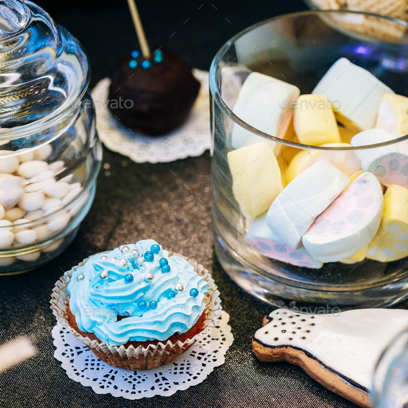 Dessert Sweet cupcakes  and marshmallow in Candy Bar On Table. D - Stock Photo - Images