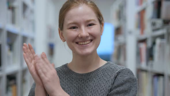 Applauding, Headshot of Happy Young Woman Clapping in Cafe alt