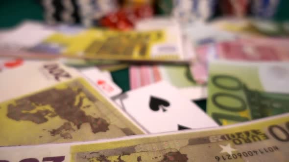 Gambling Money Chips Poker Cards And Red Dices alt