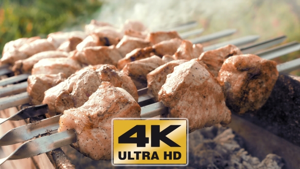 Barbecue Skewers With Meat Cooking On The Grill alt