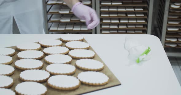 Bakery Worker is Putting Gingerbread Cookies on the Shelf After Putting Icing alt
