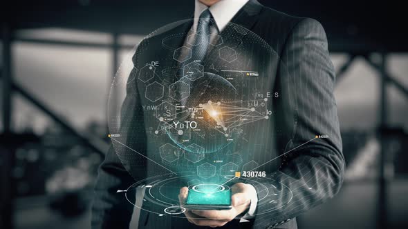 Businessman with Metaverse Coins Hologram Concept alt