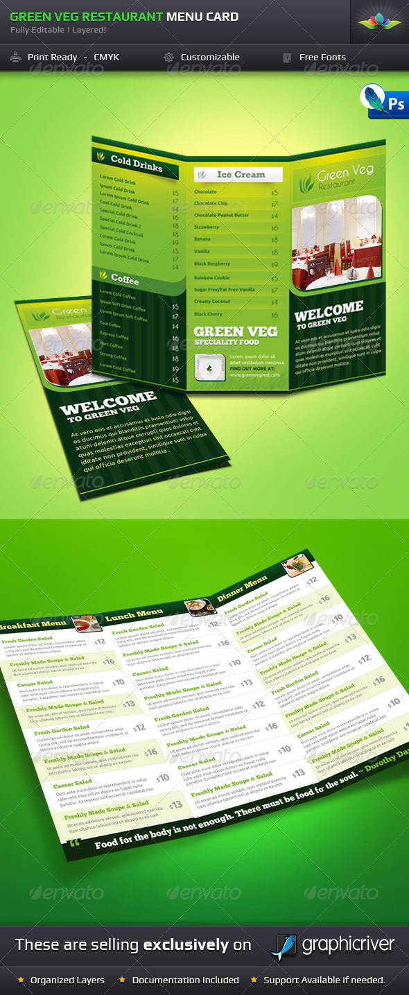 Green Veg Restaurant Tri Fold Menu Card By Saptarang