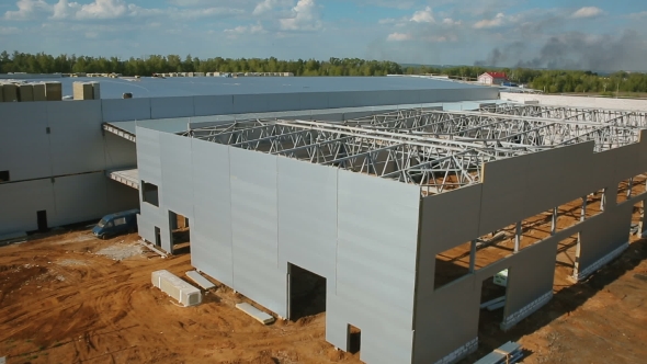 Construction Of Industrial Buildings From Metal Constructions, Aerial Shot alt