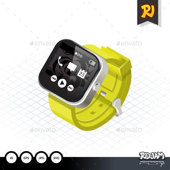 Isometric Modern Smart Watch with Yellow Wrist Band - Computers Technology