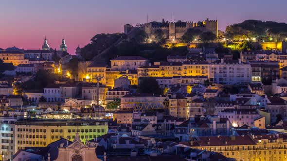 Lisbon Aerial Cityscape Skyline Night to Day Timelapse From Viewpoint of St alt