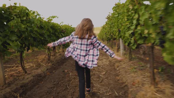Rear View of a Happy Little Girl Running Through Rows of Vines alt