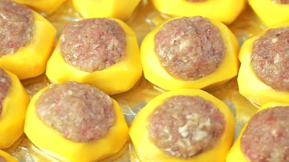 Boats Potato Stuffed With Beef Meat And Hard Parmesan.