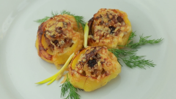 Boats Potato Stuffed With Beef Meat And Hard Parmesan