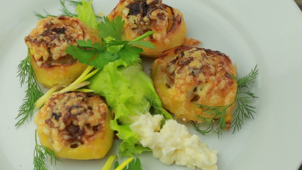 Boats Potato Stuffed With Beef Meat And Hard Parmesan