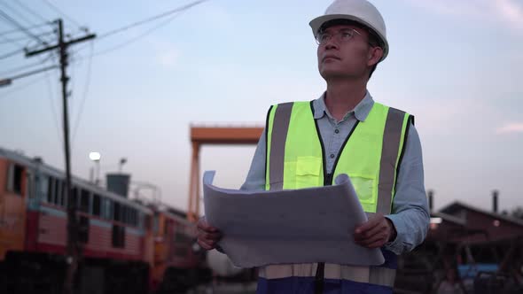 Engineer man in waistcoats and hardhats and with documents in a railway depot