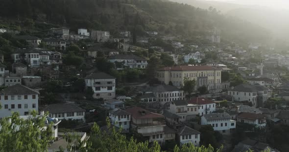 Panorama of Ancient City Gjirokaster Albania in Summer Sunrise Morning alt