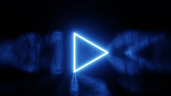 Blue neon triangle in a room with light reflection on the walls
