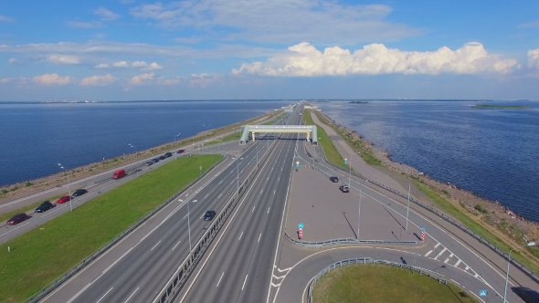 aerial view of the highway on the dam in kronstadt