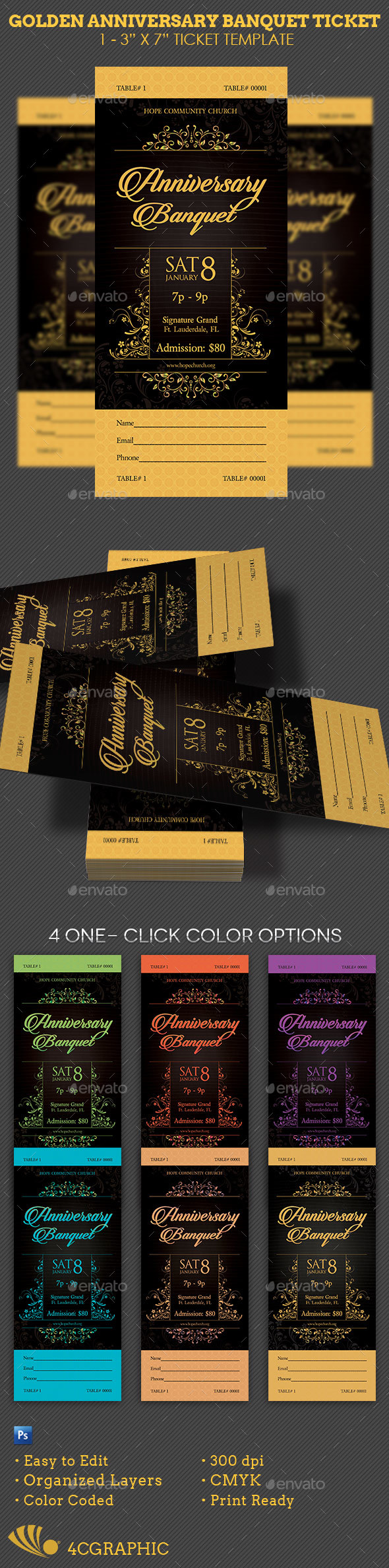 Golden Anniversary Banquet Ticket Template - Miscellaneous Print Templates