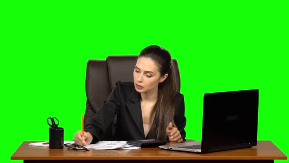 Business Woman Works at a Laptop, Compares Data with Counts on a Calculator, and Makes Entries in alt