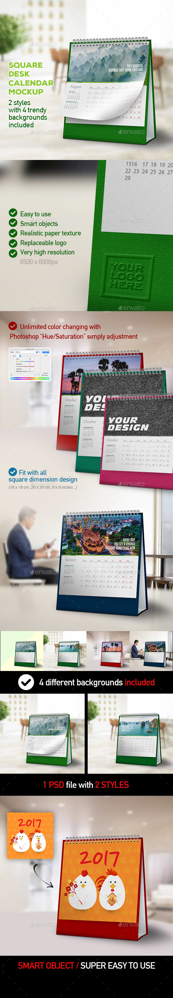 Desk Calendar Mockups - Square Dimension with 2 Styles & 4 Backgrounds