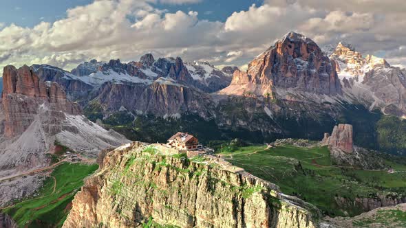 Mountain shelter nuvolau at Passo Giau in Dolomites, aerial view alt