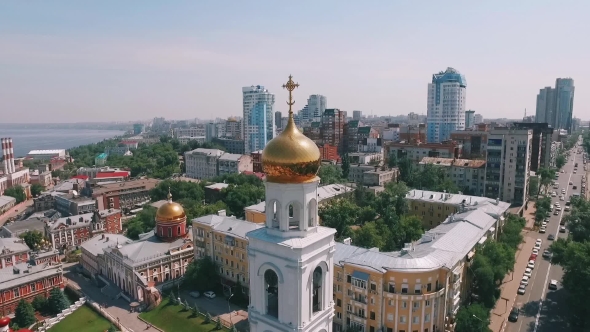 Camera Is Flying Around Golden Dome Of Orthodox Monastery Bell Tower