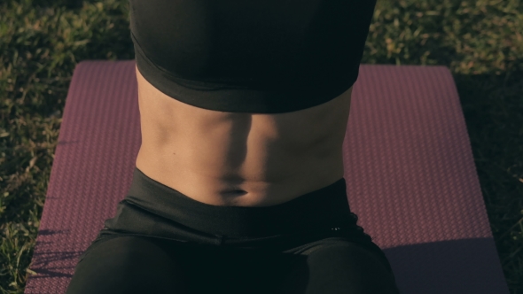 Sports Sexy Blonde Girl Model Does Exercises Abdominal Workout Outdoors In Park alt