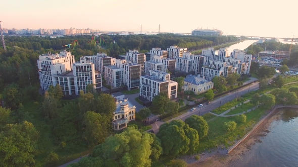 Residential Complex In The Park At The Sunset