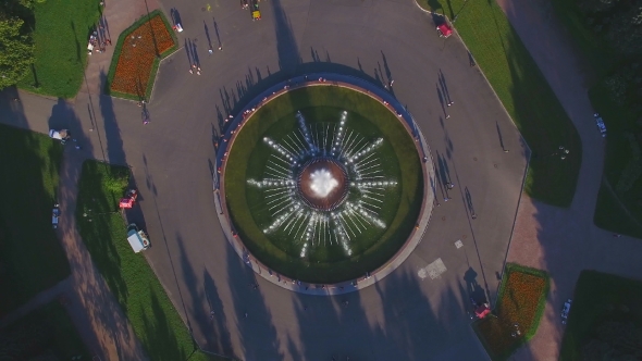 Aerial View Of The Fountain In The Park At The Sunset