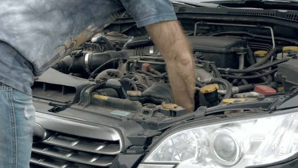 Auto Mechanic Visually Examines Car Motor Engine