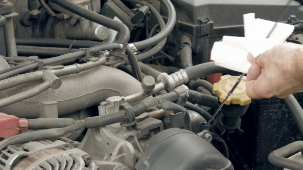 Mechanic Checks The Car Motor Engine Oil Level