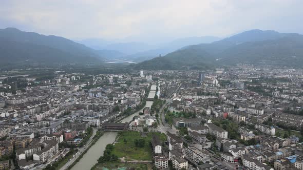 Aerial View of Dujiangyan City, Sichuan China alt