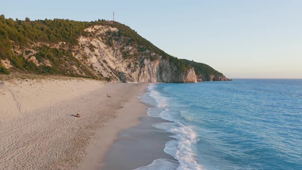 Aerial Low Altitude View of Beautiful Milos Beach of Lefkada Ionian Island Greece