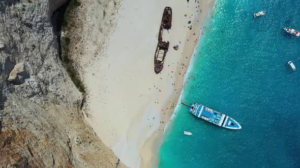 View of Navagio beach, Zakynthos Island, Greece. Aerial landscape. Azure sea water. alt