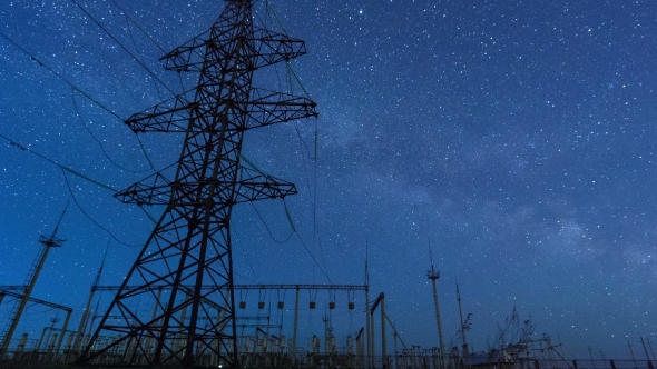 Power Transmission Line Tower On a Starry Sky.