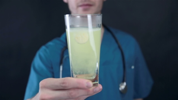 Doctor Drop Pill, Vitamin Tablet Into Glass Of Water. Therapy, Cure Concept. alt