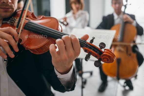 Violinist performing on stage with orchestra - Stock Photo - Images