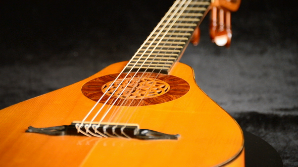 Pear Guitar in Rotation on Black Background alt
