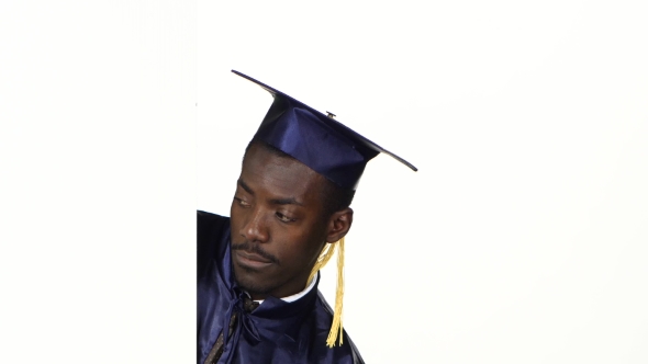 Graduate Peeks Out From Behind a Corner And Shows a Finger Down. White.  alt