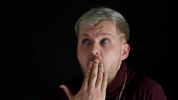 Exited Shocked Shy Man in Trendy Stylish Clothes Looking Around Smile Cover Mouth with Hand Say Oops alt