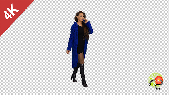 A Beautiful Woman Walking & Talking on Smartphone on Transparent Background alt