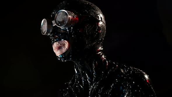 Role Playing Fantasy with Latex Suit and Face Mask Portrait of Woman in Darkness alt