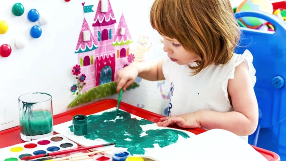 Little Girl Paint With Gouache.